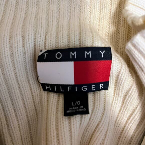 VTG Tommy Hilfiger Men’s L Quarter Zip Rib Knit Sweater White Flag Logo 90s Y2K - Picture 3 of 5